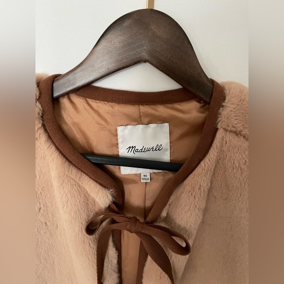 Madewell Colorblock Faux “Mink” Jacket coat tie front fall winter XS brown tan - Picture 2 of 11